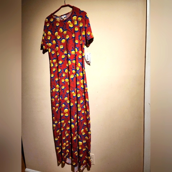 LulaRoe Maria Stanning Red Blue Yellow Floral Print Maxi Dress - Picture 2 of 8